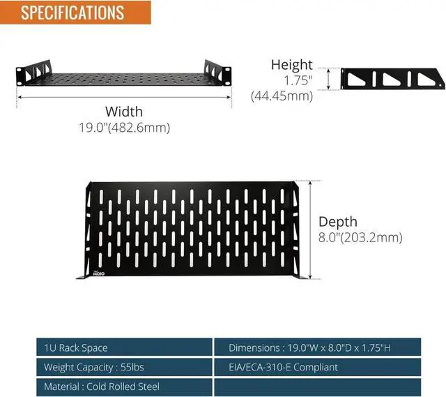 Alt view image 2 of 6 - 1U Rack Shelf,19 inch Rack Shelf 8 inch Depth,Rack Mount Shelf with Anti-Slip Stops,Server Rack Shelf and Network Shelf for 19 in Equipments, 55lbs Capacity of Vented 1U Shelf,Black,No Lip