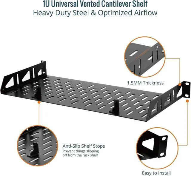 Alt view image 3 of 6 - 1U Rack Shelf,19 inch Rack Shelf 8 inch Depth,Rack Mount Shelf with Anti-Slip Stops,Server Rack Shelf and Network Shelf for 19 in Equipments, 55lbs Capacity of Vented 1U Shelf,Black,No Lip