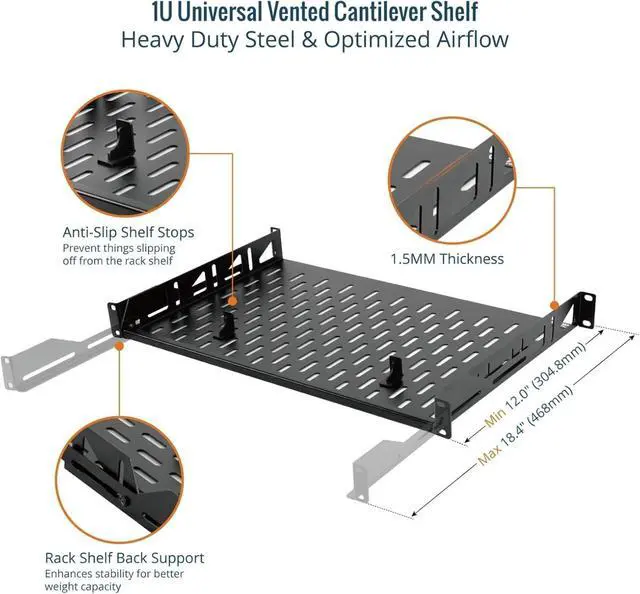 Alt view image 3 of 6 - 1U Rack Shelf,19 inch Rack Shelf 12 inch Depth,Rack Mount Shelf with Anti-Slip Stops,Server Rack Shelf and Network Shelf for 19 in Equipments, 110lbs Capacity of Vented 1U Shelf,No Lip(2 Pack)