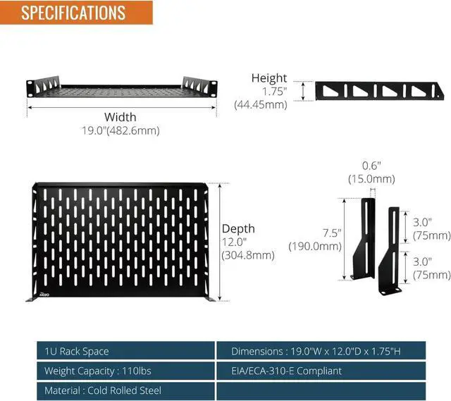 Alt view image 2 of 6 - 1U Rack Shelf,19 inch Rack Shelf 12 inch Depth,Rack Mount Shelf with Anti-Slip Stops,Server Rack Shelf and Network Shelf for 19 in Equipments, 110lbs Capacity of Vented 1U Shelf,No Lip(2 Pack)