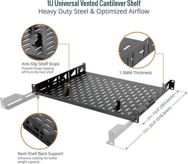 Alt view image 3 of 6 - 1U Rack Shelf, 14 inch Depth, Anti-Slip Stops, Server & Network Shelf for 19 in Equipments, 110lbs Vented Capacity, No Lip (2 Pack)