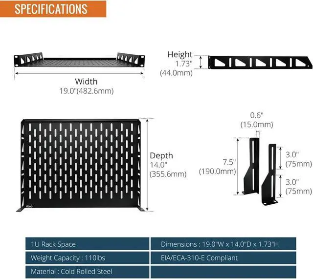Alt view image 2 of 6 - 1U Rack Shelf, 14 inch Depth, Anti-Slip Stops, Server & Network Shelf for 19 in Equipments, 110lbs Vented Capacity, No Lip (2 Pack)