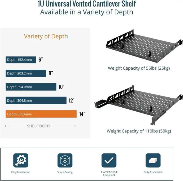 Alt view image 6 of 6 - 1U Rack Shelf, 14 inch Depth, Anti-Slip Stops, Server & Network Shelf for 19 in Equipments, 110lbs Vented Capacity, No Lip (2 Pack)