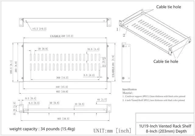 Alt view image 3 of 7 - 2 Pack of 1U Disassembled Vented Cantilever Server Rack Mount Shelf 8" (203mm) Deep for 19" Network Cabinet or Equipment Rack (8V2PC)
