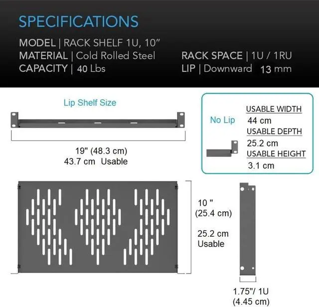 Alt view image 2 of 6 - 1U Universal Rack Shelf, 10" Deep Vented Cantilever Tray, for 19 Network Equipment Rack & Cabinet (1PCS, Black)