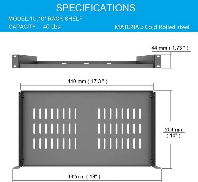 Alt view image 2 of 6 - 1U Universal Server Rack Shelves - 10" Deep, Steel Vented Cantilever Rack Tray for 19" Equipment, Black (10 inch)