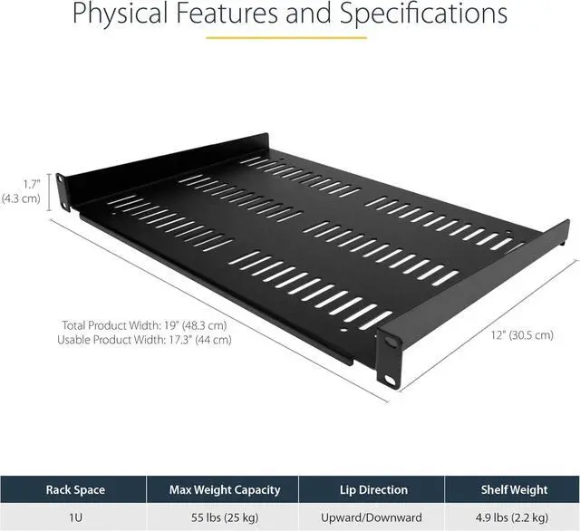 Alt view image 3 of 6 - 1U Server Rack Shelf - Universal Vented Rack Mount Cantilever Tray for 19" Network Equipment Rack & Cabinet - Durable Design - Weight Capacity 55lb/25kg - 12" Deep (SHELF-1U-12-FIXED-V)