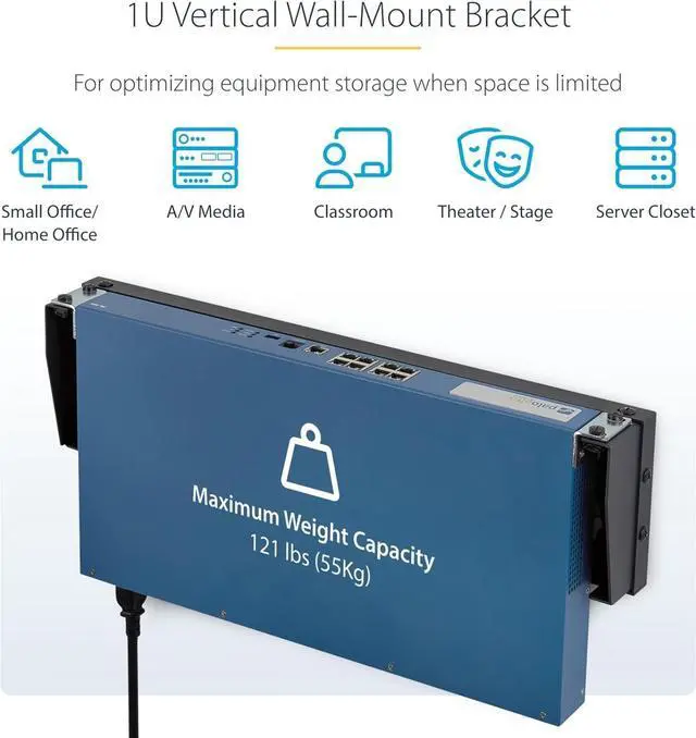 Alt view image 2 of 6 - 1U Vertical Wall-Mount Bracket for 19Inch Rack Mountable Equipment, 121lb/55kg Capacity, for Patch Panels/Servers