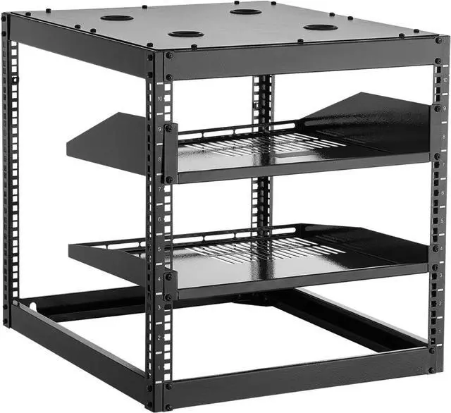 Alt view image 4 of 5 - 10U Server Rack, Open Frame Network Rack,4-Post Floor Standing or Wall Mounted, Includes 2PCS Vented 1U Rack Shelves & Mounting Hardware, Computer Wall Rack for 19" IT/AV Equipment