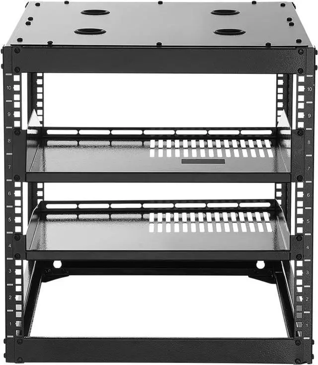 Alt view image 2 of 5 - 10U Server Rack, Open Frame Network Rack,4-Post Floor Standing or Wall Mounted, Includes 2PCS Vented 1U Rack Shelves & Mounting Hardware, Computer Wall Rack for 19" IT/AV Equipment