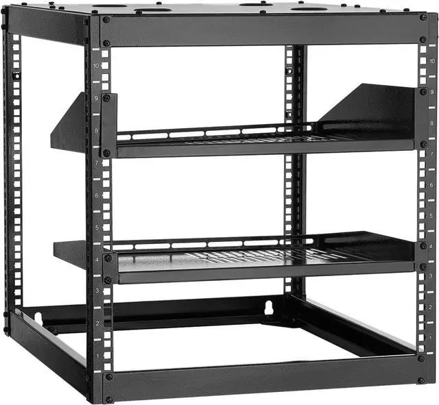 Main image of 10U Server Rack, Open Frame Network Rack,4-Post Floor Standing or Wall Mounted, Includes 2PCS Vented 1U Rack Shelves & Mounting Hardware, Computer Wall Rack for 19" IT/AV Equipment