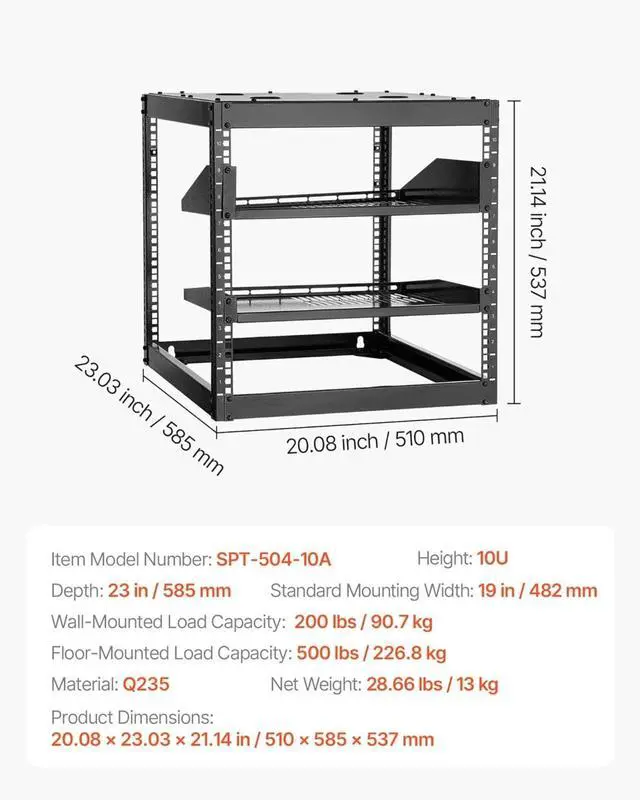Alt view image 5 of 5 - 10U Server Rack, Open Frame Network Rack,4-Post Floor Standing or Wall Mounted, Includes 2PCS Vented 1U Rack Shelves & Mounting Hardware, Computer Wall Rack for 19" IT/AV Equipment