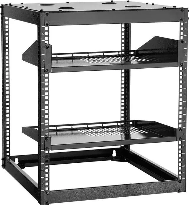 Main image of 12U Server Rack, Open Frame Network Rack for IT & AV Gear, Floor Standing or Wall Mounted,with 2PCS 1U Rack Shelves & Mounting Hardware, AV Rack for 19" Networking,Audio and Video Device
