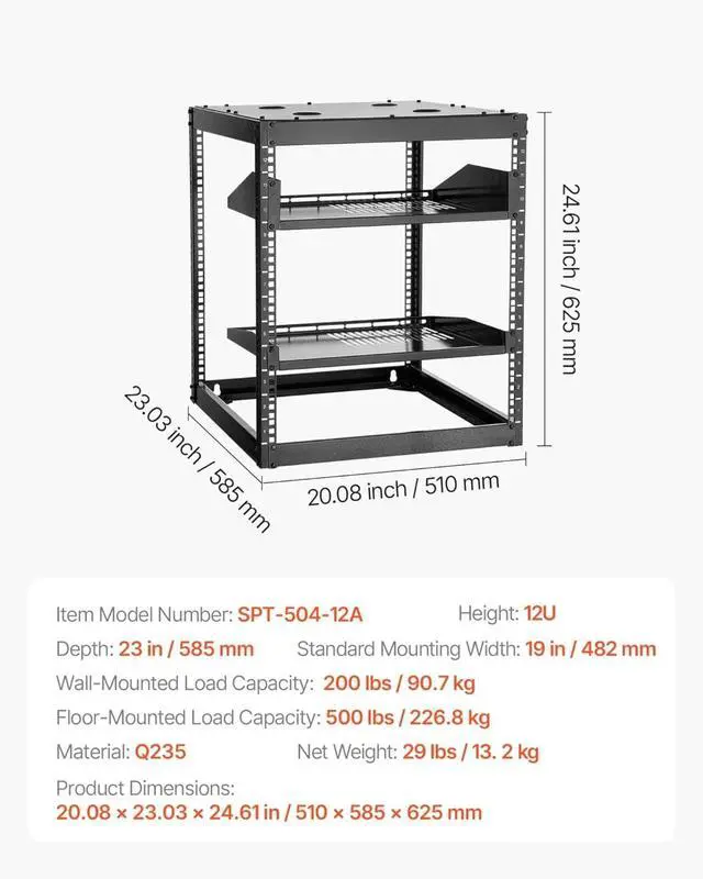 Alt view image 2 of 4 - 12U Server Rack, Open Frame Network Rack for IT & AV Gear, Floor Standing or Wall Mounted,with 2PCS 1U Rack Shelves & Mounting Hardware, AV Rack for 19" Networking,Audio and Video Device