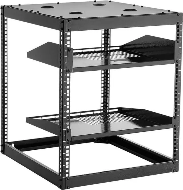 Alt view image 4 of 4 - 12U Server Rack, Open Frame Network Rack for IT & AV Gear, Floor Standing or Wall Mounted,with 2PCS 1U Rack Shelves & Mounting Hardware, AV Rack for 19" Networking,Audio and Video Device