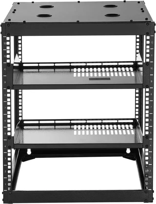Alt view image 3 of 4 - 12U Server Rack, Open Frame Network Rack for IT & AV Gear, Floor Standing or Wall Mounted,with 2PCS 1U Rack Shelves & Mounting Hardware, AV Rack for 19" Networking,Audio and Video Device