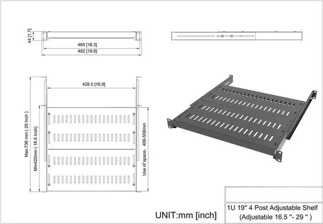 Alt view image 7 of 7 - 1U Vented 4-Post Adjustable Server Shelf- Universal Tray 16.5-29" Adjustable Mounting Depth for 19 Inch Network Equipment Server Rack or Cabinet, Black