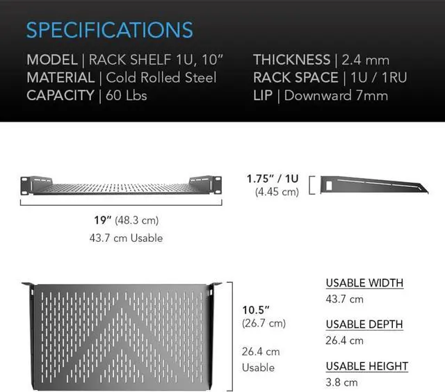 Alt view image 6 of 7 - Vented Cantilever 1U Universal Rack Shelf, 10" Deep, for 19 Equipment Racks. Heavy-Duty 2.4mm Cold Rolled Steel, 60lbs Capacity