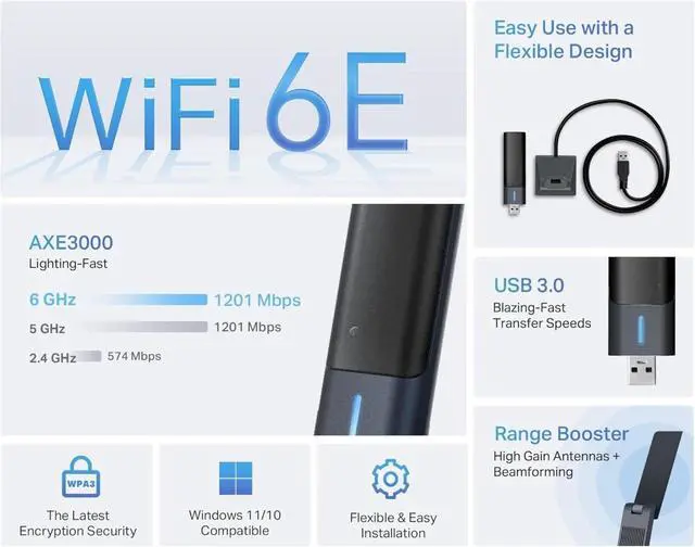 Alt view image 2 of 6 - WiFi 6E USB Adapter for Desktop PC - (Archer TXE50UH) AXE3000 Tri-Band Wireless Network Adapter, Ultra-Low Latency, MU-MIMO, OFDMA, Refined Security, WPA3, Supports Windows 11/10