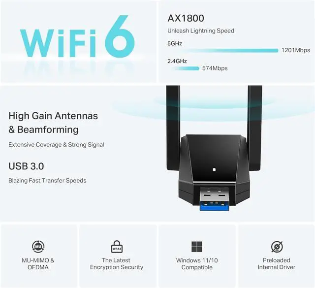 Alt view image 2 of 6 - USB 3.0 WiFi Adapter for Desktop PC (Archer TX30U Plus)-AX1800 WiFi 6 Dual-Band Plug and Play Wireless Network Adapter with 2.4GHz, 5GHz, 2×High Gain Antenna, WPA3, Supports Windows 11/10