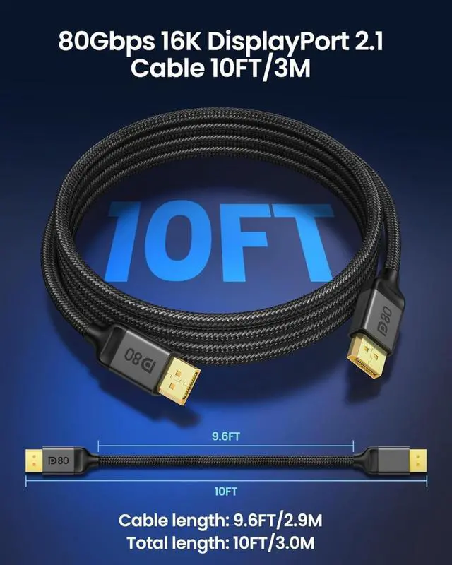 Alt view image 2 of 5 - FOR-80Gbps DisplayPort Cable 2.1 10FT/3M, [16K@60Hz, 8K@240Hz, 4K@540Hz 360Hz 240Hz] DP 2.1 Cable 16K, DP80 HDR DSC Display Port Cord Compatible FreeSync G-Sync Gaming Monitor 5090 7900XTX