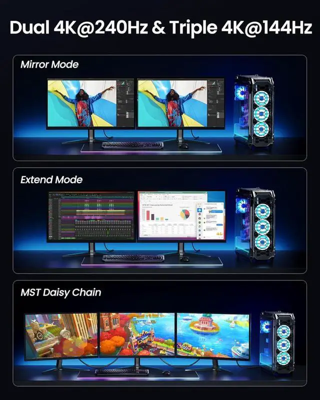 Alt view image 4 of 5 - FOR-80Gbps DisplayPort Cable 2.1 10FT/3M, [16K@60Hz, 8K@240Hz, 4K@540Hz 360Hz 240Hz] DP 2.1 Cable 16K, DP80 HDR DSC Display Port Cord Compatible FreeSync G-Sync Gaming Monitor 5090 7900XTX