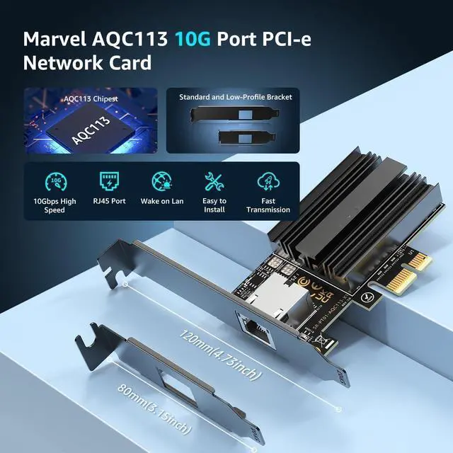 Alt view image 4 of 4 - FOR-10G Base-T PCI-e4.0 X1 Network Card, Marvell AQC113 Controller, NICGIGA 10Gb Ethernet Adapter Support WOL, 10Gbe RJ45 Port NIC Card, Windows10/11/Windows Server/Linux