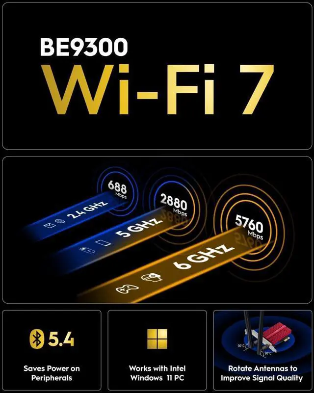 Alt view image 2 of 4 - FOR-WiFi 7 BE9300 WE9300 PCIe WiFi Card for PC, 6GHz Tri-Band Wireless Adapter, Intel BE200 Chipset, Bluetooth 5.4, WPA3, Easy Installation