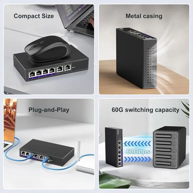 Alt view image 5 of 6 - 10Gbe Ethernet Switch Unmanaged with 2 x 10Gb RJ45 Ports  4 x 2.5Gb Base-T Ports, Desktop/Wall Mount 6 Port 10Gbps Network Switch for Wireless AP, NAS, PC
