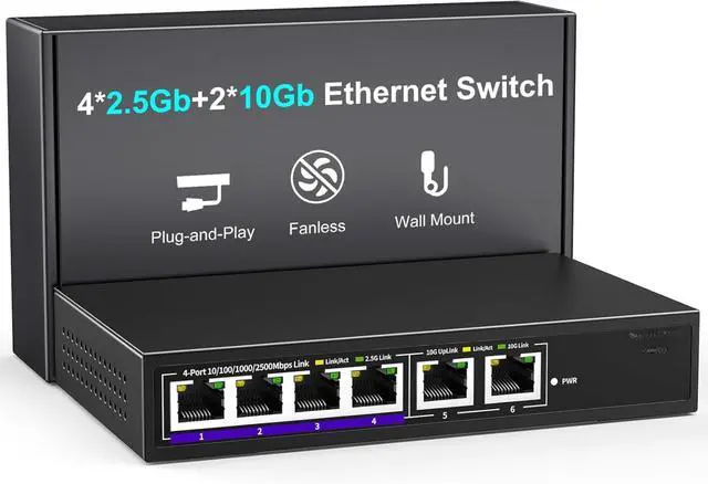 Main image of 10Gbe Ethernet Switch Unmanaged with 2 x 10Gb RJ45 Ports  4 x 2.5Gb Base-T Ports, Desktop/Wall Mount 6 Port 10Gbps Network Switch for Wireless AP, NAS, PC