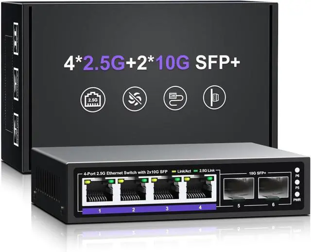 Main image of FOR-6 Port 2.5G Unmanaged Ethernet Switch, 4 x 2.5G Base-T Ports, 2 x 10G SFP+, Compatible with 100/1000/2500Mbps, Metal Fanless, Desktop/Wall Mount 2.5Gbe Network Switch for Wireless AP, NAS, PC