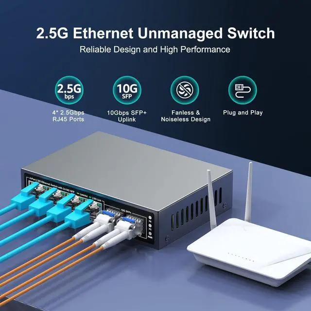 Alt view image 3 of 7 - FOR-6 Port 2.5G Unmanaged Ethernet Switch, 4 x 2.5G Base-T Ports, 2 x 10G SFP+, Compatible with 100/1000/2500Mbps, Metal Fanless, Desktop/Wall Mount 2.5Gbe Network Switch for Wireless AP, NAS, PC