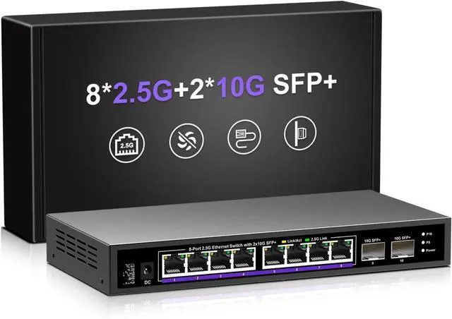 Main image of 10 Port 2.5Gb Unmanaged Ethernet Switch with 8* 2.5G Base-T Ports + 2* 10G SFP+ Ports. 8 Port 2.5Gbps Network Switch for 2.5Gbps NAS/PC, WiFi6 Router, Wireless AP. Fanless Design.