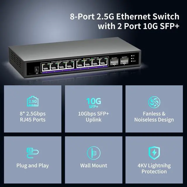 Alt view image 4 of 5 - 10 Port 2.5Gb Unmanaged Ethernet Switch with 8* 2.5G Base-T Ports + 2* 10G SFP+ Ports. 8 Port 2.5Gbps Network Switch for 2.5Gbps NAS/PC, WiFi6 Router, Wireless AP. Fanless Design.