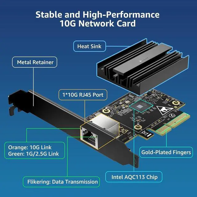 Alt view image 4 of 5 - 10G PCI-E Network Card with 10Gbps RJ45 Ports, Marvel AQC113 Controller, 10Gb Ethernet Adapter Card Compatible with PCI Express X8, X16, Support Windows/Windows Server/Linux/VMware
