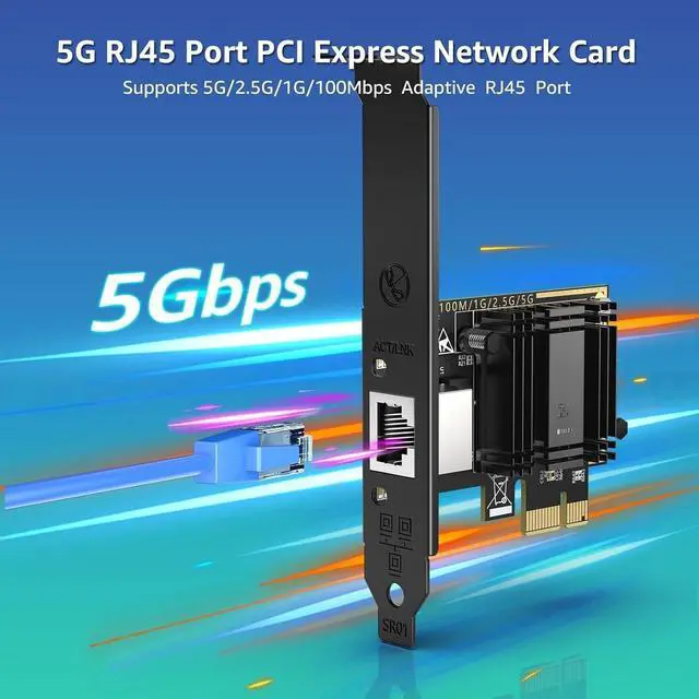 Alt view image 2 of 5 - 5G Base-T PCIe Network Card with RTL8126, 5G Network Card RJ45 Port, 5G/2.5G/1000/100 Mbit/s, PCI Express Ethernet Adapter for Windows10/11, Vmware and Linux, Support WOL, for PCle x4, x8, x16
