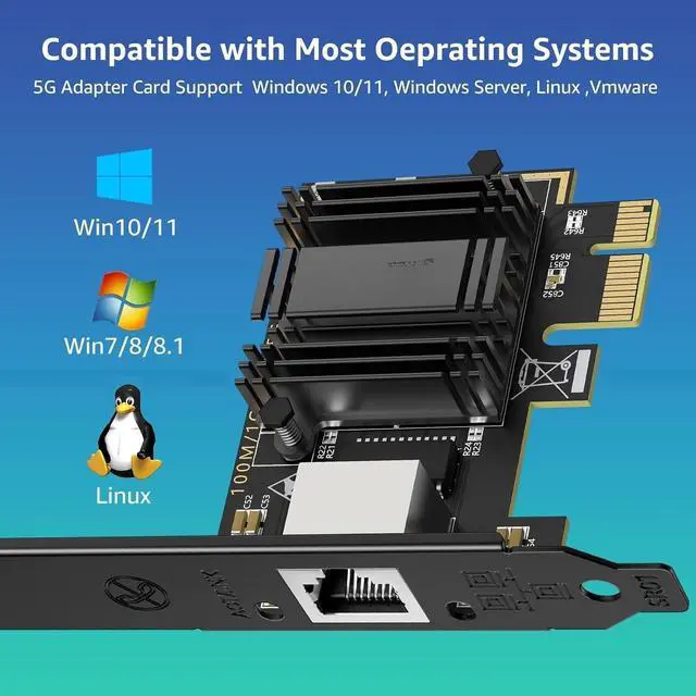 Alt view image 5 of 5 - 5G Base-T PCIe Network Card with RTL8126, 5G Network Card RJ45 Port, 5G/2.5G/1000/100 Mbit/s, PCI Express Ethernet Adapter for Windows10/11, Vmware and Linux, Support WOL, for PCle x4, x8, x16