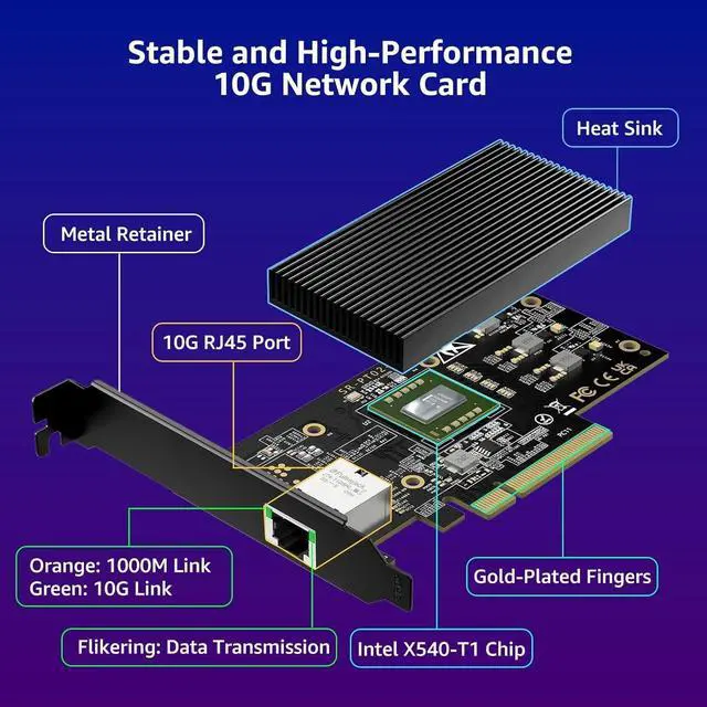 Alt view image 4 of 5 - 10G PCI-E Network Card Single RJ45 Port, 10G NIC with Intel X540-T1 Conrtoller, 10Gb Base-T Ethernet Network Card Compatible with PCI Express X8, X16, Support Windows/Windows Server/Linux/VMware