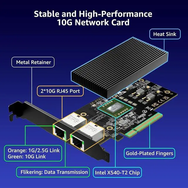 Main image of 10G PCI-E Network Card with 10Gbps Dual RJ45 Ports, Intel X540-T2 Conrtoller, 10Gb Ethernet Adapter Card Compatible with PCI Express X8, X16, Support Windows/Windows Server/Linux/VMware