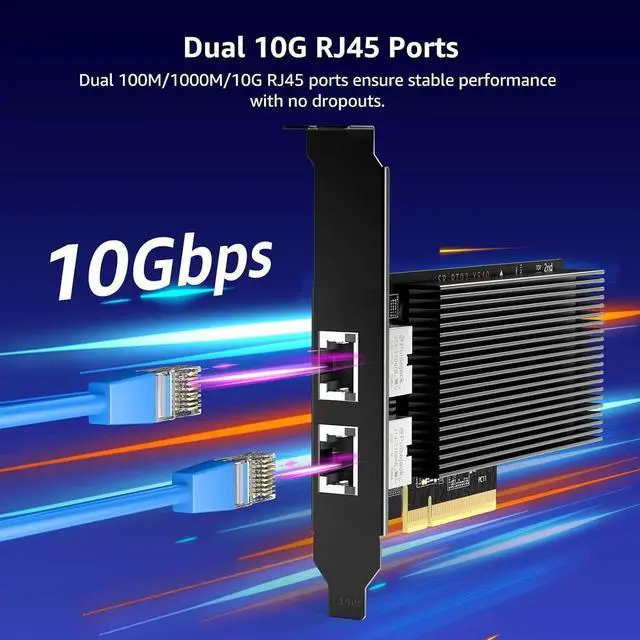 Alt view image 3 of 5 - 10G PCI-E Network Card with 10Gbps Dual RJ45 Ports, Intel X540-T2 Conrtoller, 10Gb Ethernet Adapter Card Compatible with PCI Express X8, X16, Support Windows/Windows Server/Linux/VMware
