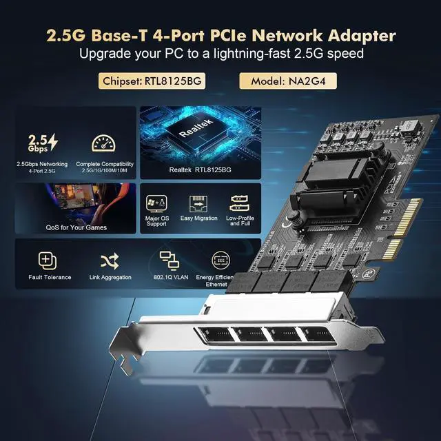 Alt view image 2 of 5 - 4 Ports 2.5G PCIe Network Card, RTL8125B LAN Controller, 2500/1000/100Mbps RJ45 Ethernet NIC Adapter, Support PXE for Windows/Linux