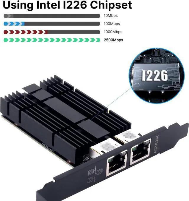 Alt view image 2 of 4 - 2.5GB Network Card with Intel I226 Chip, Dual Port PCIE to RJ45 Gigabit Ethernet Adapter 2500/1000/100Mbps for Desktop Gaming Office NIC Card RJ45 LAN Port Controller
