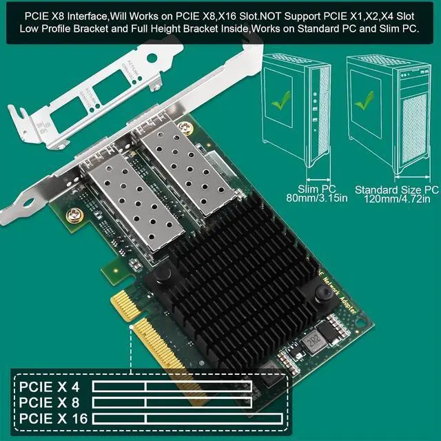 Alt view image 4 of 6 - X8 Interface to 2X 10GbE SFP+ Fiber Port Converged Ethernet Adapter, Intel 82599ES 10 Gigabit Ethernet Controller, 2-Port 10GbE PCIE NIC Card, 2X 10GbE SFP+ LAN Adapter (X520-DA2)