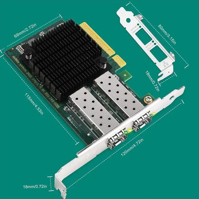 Alt view image 5 of 6 - X8 Interface to 2X 10GbE SFP+ Fiber Port Converged Ethernet Adapter, Intel 82599ES 10 Gigabit Ethernet Controller, 2-Port 10GbE PCIE NIC Card, 2X 10GbE SFP+ LAN Adapter (X520-DA2)
