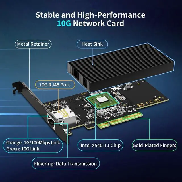 Alt view image 3 of 5 - 10Gb Base-T PCI-e Network Card, Intel X540-T1 Controller, 10Gbps Ethernet Adapter with 10Gbe RJ45 Port  10G NIC Card, Support Windows/Windows Server/Linux/Vmware/ESX