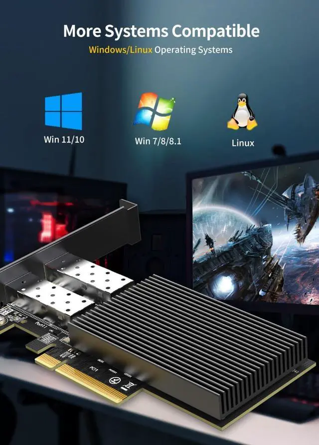 Alt view image 3 of 5 - 10Gb Dual LAN SFP PCI-e Network Card, Intel 82599(X520-DA2) Controller, 10Gbps Ethernet Adapter, 2 * 10Gbe SFP Port, 10G NIC Card, Support Windows/Windows Server/Linux/VMware