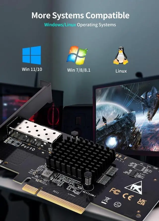 Alt view image 3 of 5 - 10Gb SFP PCI-e Network Card, 82599(X520-DA1) Controller, 10Gbps Ethernet Adapter, 10Gbe SFP+ Port, 10G NIC Card, Support Windows/Windows Server/VMware