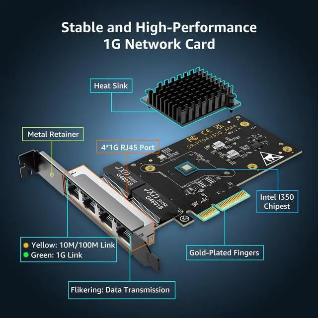 Alt view image 2 of 5 - 4 Port Gigabit Base-T Network Card, Intel I350 Controller, 4 Port 1G PCIe Ethernet Adapter, 4 x 1Gbe RJ45 Port NIC Card, Windows10/11/Windows Server/Linux