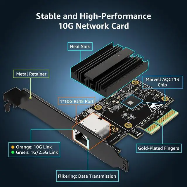 Alt view image 2 of 5 - 10G Base-T PCI-e Network Card, Marvell AQC113 Controller, 10Gb Ethernet Adapter Support WOL, 10Gbe RJ45 Port NIC Card, Windows10/11/Windows Server/Linux