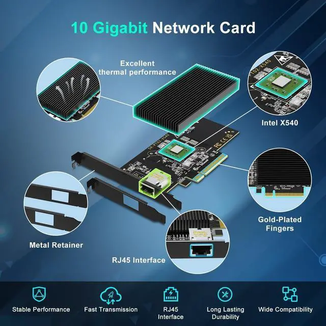 Alt view image 4 of 5 - FOR-10Gb RJ45 PCI-E Network Card with X540 Controller, X540-1T 10Gb Ethernet Adapter with Single 10Gbe PCI-E NIC, Support Windows/Linux/ESX Servers